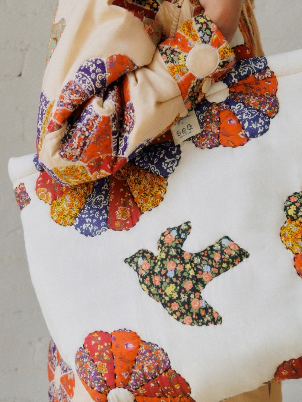 Sezane X Sea NY Quilted Patchwork Maxi Tote Bag Multicolor Bird Print - Picture 3 of 9